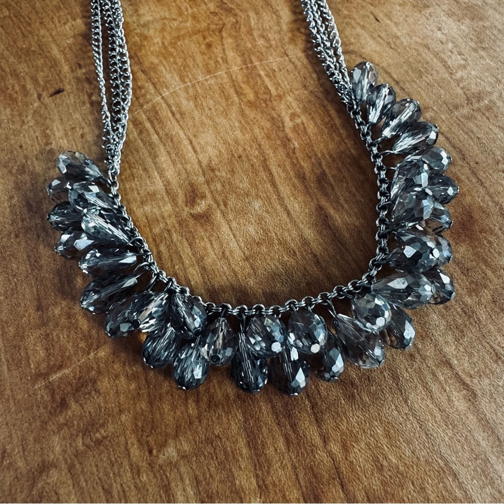 Funky Statement Chunk Silver/Grey Crystal Necklace Adjustable 18-21”
